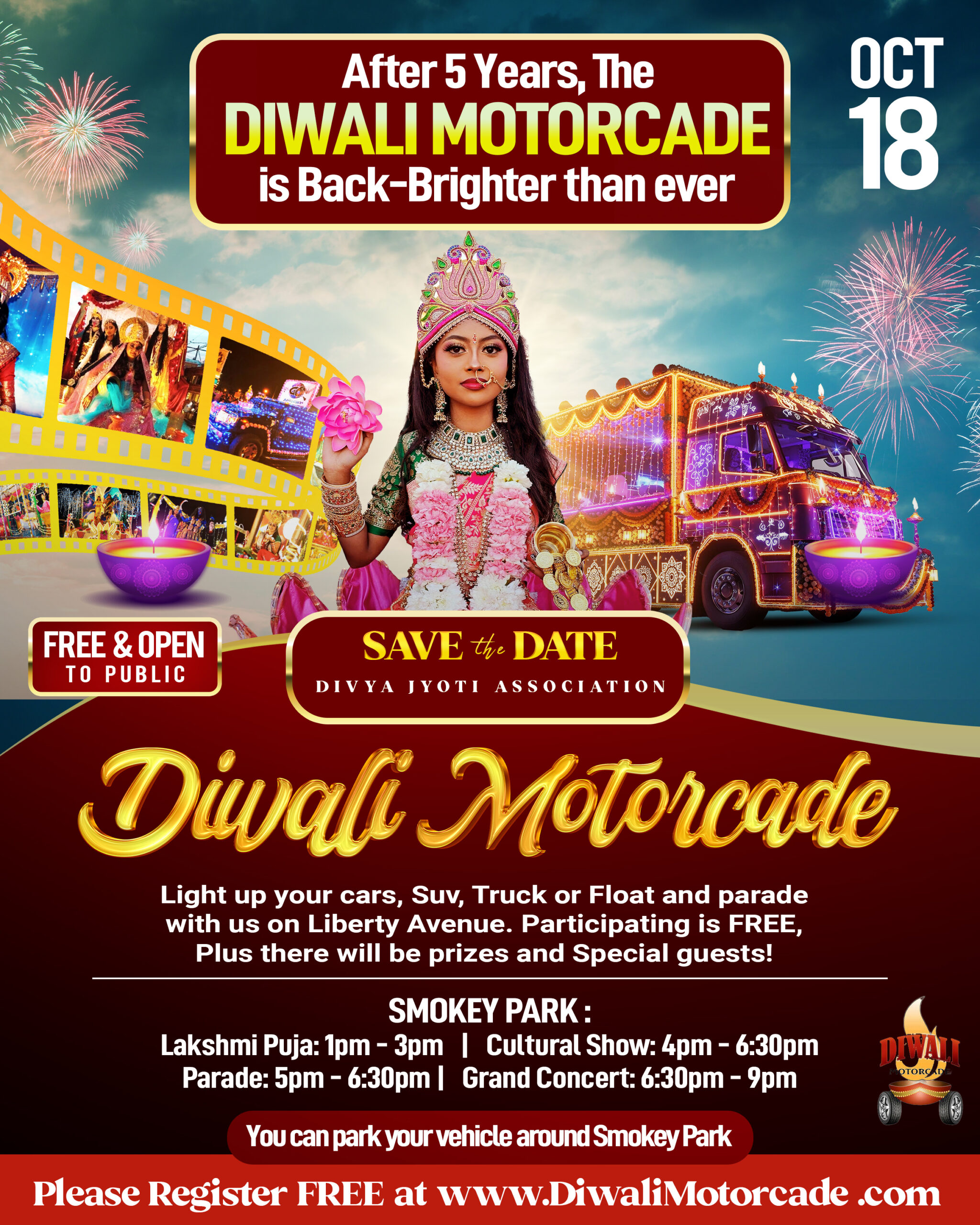 Diwali Motorcade float with lights and performers on Liberty Avenue, Queens